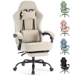 Sweetcrispy Computer Gaming Chair - High Back Ergonomic Desk Chair with Footrest and Lumbar Support, Height Adjustable Task Chair with Linkage Armrests and Headrest, 360°Wheels, Fabric, Khaki