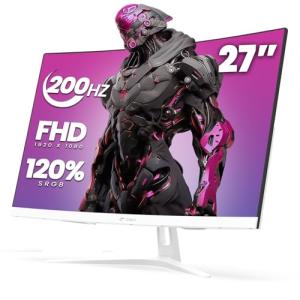 CRUA 27" Curved Gaming Monitor, FHD 1920x1080P, 165Hz/200Hz Computer Monitor, 1800R VA Screen, 120% sRGB, Support AMD FreeSync, Blue Light Filter, HDMI & DP, Wall Mount Install- White