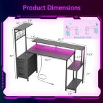 Korfile 48 Inch Gaming Desk with LED Lights & Power Outlets,Computer Desk with Fabric Drawers & Side Hook,Reversible Gamer Table with Monitor Stand for Game Room,Home Office,Carbon Fiber Black