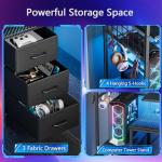 Korfile 48 Inch Gaming Desk with LED Lights & Power Outlets,Computer Desk with Fabric Drawers & Side Hook,Reversible Gamer Table with Monitor Stand for Game Room,Home Office,Carbon Fiber Black