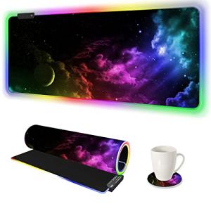 AIMSA Large RGB Gaming Mouse Pad, Keyboard Mousepad Led Extended 35.4 x 15.8 inch Non-Slip Rubber Base with 14 Lighting Modes, Big Desk Mat Waterproof, Nebula Universe