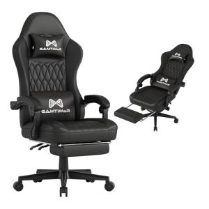 Gamtimer Gaming Chair with Footrest, Ergonomic Computer Chair, PU Breathable Material with Headrest and Lumbar Support, Suitable for Silla Gamer and Adults(Black)
