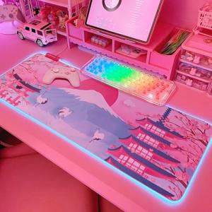 JMIYAV Pink Sakura RGB Gaming Mouse Pad 31.5x12 Inch PC XL Large Extended Glowing Led Light Up Desk Pad Non-Slip Rubber Base Computer Mouse Pad Cute Mousepad Mat