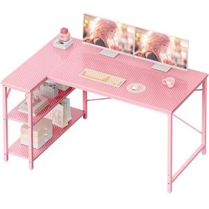 Huuger L Shaped Desk, 47 Inches Computer Desk with Reversible Storage Shelves, Gaming Desk, Corner Desk Home Office Desks, Writing Study Desk with Metal Frame, Pink