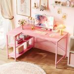Huuger L Shaped Desk, 47 Inches Computer Desk with Reversible Storage Shelves, Gaming Desk, Corner Desk Home Office Desks, Writing Study Desk with Metal Frame, Pink