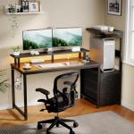 DUMOS L Shaped Gaming Desk with Shelves Storage Drawers 52'', Black Computer Desks with LED Lights Power Outlets, Office Wood Table with PC Stand Cable Management for Bedroom Dual Monitor Streaming