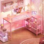 Huuger L Shaped Desk, 47 Inches Computer Desk with Reversible Storage Shelves, Gaming Desk, Corner Desk Home Office Desks, Writing Study Desk with Metal Frame, Pink