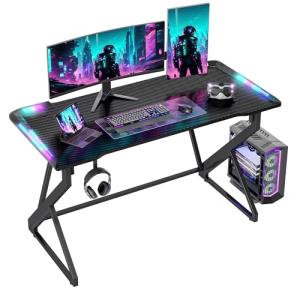 TIQLAB Gaming Desk with LED Lights, 47 Inch Computer Desk for Home Small Space, Gaming Table with Carbon Fiber Surface, PC Gamer Desk for Kids Boys Men, Black