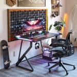 TIQLAB Gaming Desk with LED Lights, 47 Inch Computer Desk for Home Small Space, Gaming Table with Carbon Fiber Surface, PC Gamer Desk for Kids Boys Men, Black