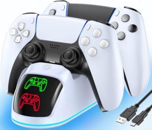 Controller Charger for PS5, Dual Charging Dock Station for PlayStation 5 Dualsense & Edge with RGB Light, Fast PS5 Dual Controller Charging Station with Cable for PlayStation Games