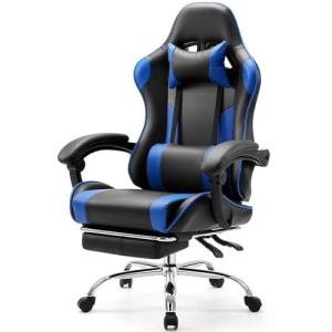 Sweetcrispy Video Game Desk Chair, High Back Ergonomic PU Leather Computer Gaming Chair with Adjustable Headrest & Footrest, Linkage Armrest and Height Adjustable, 360° Swivel, for Adults, Blue