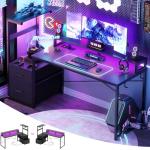 Aheaplus Gaming Desk with LED Strip & Power Outlet, 59Inch Reversible Computer Desk with Monitor Stand & Storage Shelves, Home Office Desks with Fabric File Drawer, PC Gamer Table, Carbon Fiber Black