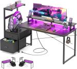Aheaplus Gaming Desk with LED Strip & Power Outlet, 59Inch Reversible Computer Desk with Monitor Stand & Storage Shelves, Home Office Desks with Fabric File Drawer, PC Gamer Table, Carbon Fiber Black