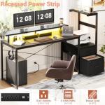 Aheaplus Gaming Desk with LED Strip & Power Outlet, 59Inch Reversible Computer Desk with Monitor Stand & Storage Shelves, Home Office Desks with Fabric File Drawer, PC Gamer Table, Carbon Fiber Black