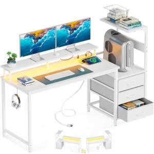 AODK 52 Inch Gaming Desk with USB Charging Ports & LED Light- Reversible Computer Desk with Storage Shelves & Monitor Stand, Modern Gamer Desk Table with Fabric Drawers & Side Hook, Carbon Fiber White