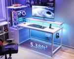 AODK 52 Inch Gaming Desk with USB Charging Ports & LED Light- Reversible Computer Desk with Storage Shelves & Monitor Stand, Modern Gamer Desk Table with Fabric Drawers & Side Hook, Carbon Fiber White