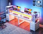 AODK 52 Inch Gaming Desk with USB Charging Ports & LED Light- Reversible Computer Desk with Storage Shelves & Monitor Stand, Modern Gamer Desk Table with Fabric Drawers & Side Hook, Carbon Fiber White