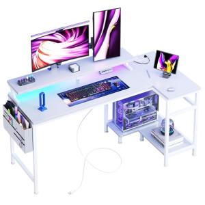 DUMOS Gaming Desk, Computer Desk with USB Charging Ports, Power Outlets, Type-C and LED Lights, Reversible L Shaped Desk with Storage Shelves & Monitor Stand for Office Gaming Room White 48IN