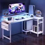 DUMOS Gaming Desk, Computer Desk with USB Charging Ports, Power Outlets, Type-C and LED Lights, Reversible L Shaped Desk with Storage Shelves & Monitor Stand for Office Gaming Room White 48IN