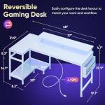 DUMOS Gaming Desk, Computer Desk with USB Charging Ports, Power Outlets, Type-C and LED Lights, Reversible L Shaped Desk with Storage Shelves & Monitor Stand for Office Gaming Room White 48IN