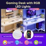 DUMOS Gaming Desk, Computer Desk with USB Charging Ports, Power Outlets, Type-C and LED Lights, Reversible L Shaped Desk with Storage Shelves & Monitor Stand for Office Gaming Room White 48IN