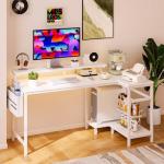 DUMOS Gaming Desk, Computer Desk with USB Charging Ports, Power Outlets, Type-C and LED Lights, Reversible L Shaped Desk with Storage Shelves & Monitor Stand for Office Gaming Room White 48IN