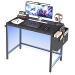 YATINEY Computer Desk with LED Lights, Gaming Desk with Storage Bag and Breathable Mesh Desktop, Home Office Desk with Headphone Hook, for Home Office, Gaming Room, Black and Gray DN07DBB