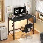 YATINEY Computer Desk with LED Lights, Gaming Desk with Storage Bag and Breathable Mesh Desktop, Home Office Desk with Headphone Hook, for Home Office, Gaming Room, Black and Gray DN07DBB