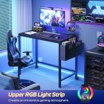 YATINEY Computer Desk with LED Lights, Gaming Desk with Storage Bag and Breathable Mesh Desktop, Home Office Desk with Headphone Hook, for Home Office, Gaming Room, Black and Gray DN07DBB