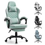 Gaming Chair with Footrest for Adults - Ergonomic Gaming Chairs with Foot Rest - Big and Tall Computer Game Chair - Fabric Reclining Video Game Chairs with Spring Cushion - Green/Light Grey