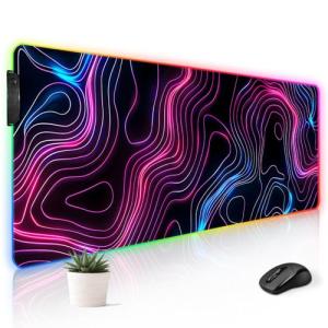 Stanoha RGB Mousepad LED Desk Mat Gaming Large Keyboard Cute Desktop Computer Laptop 14 Light XXL Long Giant Big Cool Modern Design Unique for Men Boys Gamer Oversized Wide 30x12'' Mousepad, Topo