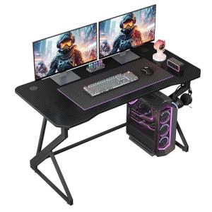 Grandder Gaming Desk Z Shaped 40 Inch Gamer Workstation, Home Computer Carbon Fiber Surface Gaming Desk PC Table with Headphone Hook, Carbon Fiber Black