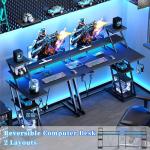 Korfile 40 Inch Gaming Desk with LED Lights & Power Outlet, L Shaped Computer Gaming Table with Storage Shelves, Reversible Corner Desk with Monitor Stand for Home Office, Carbon Fiber Black