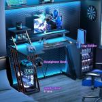 Korfile 40 Inch Gaming Desk with LED Lights & Power Outlet, L Shaped Computer Gaming Table with Storage Shelves, Reversible Corner Desk with Monitor Stand for Home Office, Carbon Fiber Black