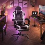 Shahoo Gaming Chair with Footrest and Massage Lumbar Support, Ergonomic Computer Chairs 360°Swivel and Height Adjustable Seat with Headrest for Office or Bedroom, Study Room, White
