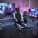 Shahoo Gaming Chair with Footrest and Massage Lumbar Support, Ergonomic Computer Chairs 360°Swivel and Height Adjustable Seat with Headrest for Office or Bedroom, Study Room, White
