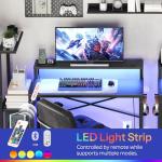 YATINEY Small Computer Desk with LED Light and Power Outlet, Small Gaming Desk with Monitor Stand, Reversible Game Table with 2 Side Hooks, Home Office Desk for Living Room, Bedroom, Black DN06UDBB