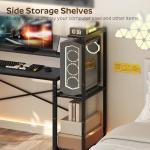 YATINEY Small Computer Desk with LED Light and Power Outlet, Small Gaming Desk with Monitor Stand, Reversible Game Table with 2 Side Hooks, Home Office Desk for Living Room, Bedroom, Black DN06UDBB