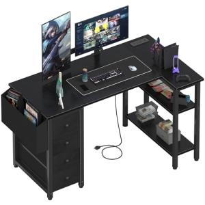 Lufeiya L Shaped Gaming Desk with Power Outlet, 47 Inch Reversible Corner Computer Desk with Drawers & Storage Shelves for Home Office Bedroom, L-Shaped Teen PC Desks with Fabric Drawer, Black