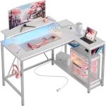 Bestier White Computer Desk with Charging Port & LED Strip,42 inch Modern Gaming Desk with Reversible Storage Shelves,Small L Shaped Desk with Hooks for Home Office