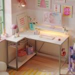 Bestier White Computer Desk with Charging Port & LED Strip,42 inch Modern Gaming Desk with Reversible Storage Shelves,Small L Shaped Desk with Hooks for Home Office