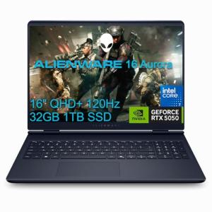 Alienware 16 Aurora Gaming Laptop (16" QHD+ 120Hz, Intel 10-Core 7 240H, 32GB DDR5 RAM, 1TB SSD, NVIDIA GeForce RTX 5050 8GB), White Backlit Keyboard, Webcam, Wi-Fi 7, Ethernet, Windows 11 Home