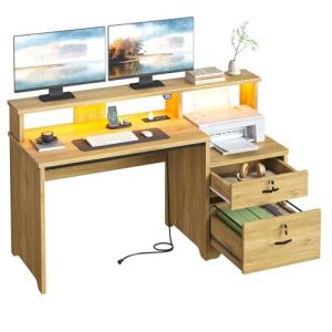 Bestier 55" Computer Desk with Power Outlets & LED Lights, Home Office Desk with Lockable File Drawer & Printer Shelf, Monitor Stand, Modern Gaming Desk & Study Workstation, Natural Oak