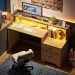 Bestier 55" Computer Desk with Power Outlets & LED Lights, Home Office Desk with Lockable File Drawer & Printer Shelf, Monitor Stand, Modern Gaming Desk & Study Workstation, Natural Oak