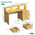 Bestier 55" Computer Desk with Power Outlets & LED Lights, Home Office Desk with Lockable File Drawer & Printer Shelf, Monitor Stand, Modern Gaming Desk & Study Workstation, Natural Oak