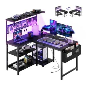 Apicizon L Shaped Desk Gaming Desk with LED Light & Power Outlet, 48 Inch Reversible Computer Desk with Pegboard & Shelf & Storage Bag for Home Office, Black