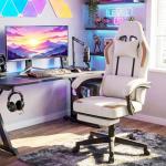 Giantex Gaming Chair, Ergonomic Video Game Chair w/Footrest, Lumbar Support, Headrest, Reclining Backrest & Linkage Armrests, Height Adjustable 360° Swivel Computer Desk Chair for Home Office (Beige)