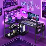 Apicizon L Shaped Desk Gaming Desk with LED Light & Power Outlet, 48 Inch Reversible Computer Desk with Pegboard & Shelf & Storage Bag for Home Office, Black