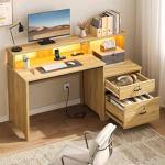 Bestier 55" Computer Desk with Power Outlets & LED Lights, Home Office Desk with Lockable File Drawer & Printer Shelf, Monitor Stand, Modern Gaming Desk & Study Workstation, Natural Oak
