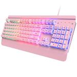 Dacoity Pink Creamy Keyboard, 104 Keys All-Metal Panel, Rainbow LED Backlit Silent Gaming Keyboard, Wrist Rest, PBT Keycap, Anti-ghosting Keys, Light Up USB Wired Computer Keyboard for PC